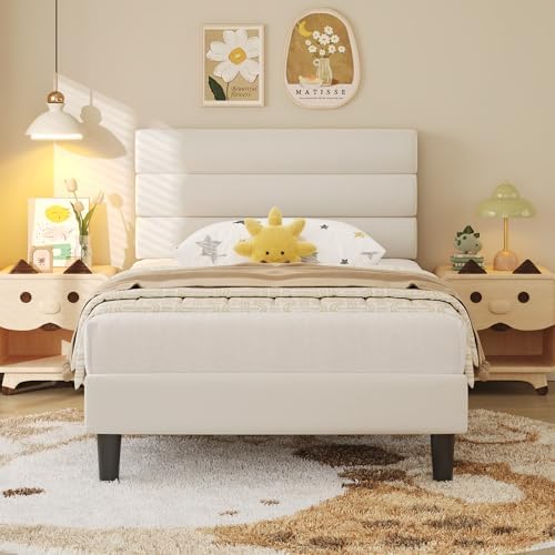Fluest Twin Bed Frame, Platform Bed Frame with Velvet Upholstered Headboard, No Box Spring Needed, Sturdy Metal Support, Noise Free, Easy Assembly, Modern Bedroom Furniture, Beige by Fluest