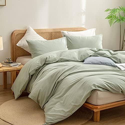 BESTOUCH Cotton Solid Duvet Cover Set Linen Feel Sage Green Super Queen - Image 5