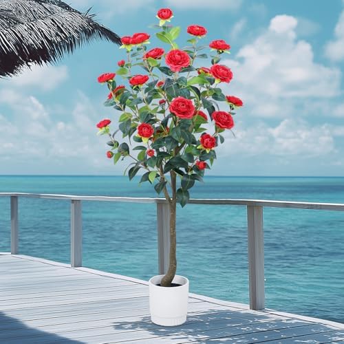 Artificial Camellia Tree 6FT – Faux Plants Indoor, with Easy Assembly, Low Maintenance, Ideal for Both Indoor Decoration and Other Purposes，Perfect Porch Christmas Trees (Red 6ft) - Image 6