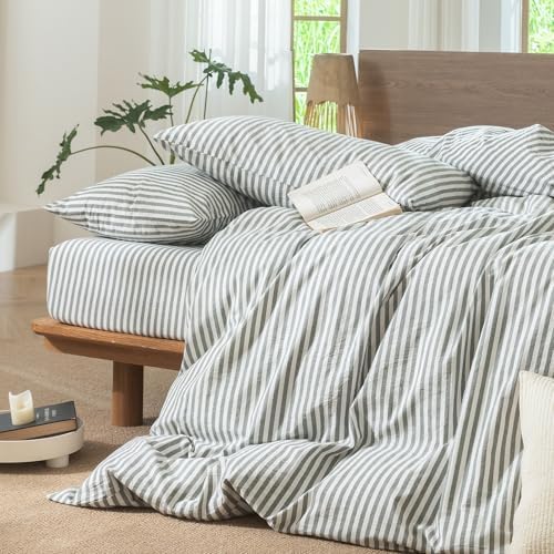 MooMee Striped Duvet Cover Set 100% Washed Cotton Linen Like King - Image 5
