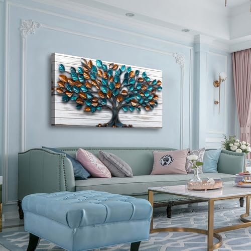 Tree Nature Wall Art Bedroom Abstract Wall Decor Living Room,Tree of Life Canvas Wall Art Office Farmhouse Paintings Artwork Modern Teal Golden Leaves Wall Art Prints Pictures 20 * 40inch - Image 3