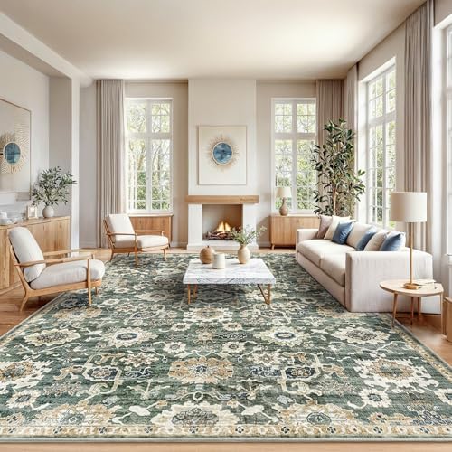Amada Large 10x14 Washable Area Rug for Living Room, Green/Brown, Vintage by AMADAHOMEFURNISHING