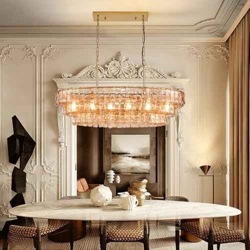40in Large Chandelier Gold, Modern Dining Room Light Fixtures, 3 Layer Luxury Glass Chandelier 6 Light Rectangular Chandeliers for Dining Room Kitchen Island Living Room (Amber Glass) - Image 6