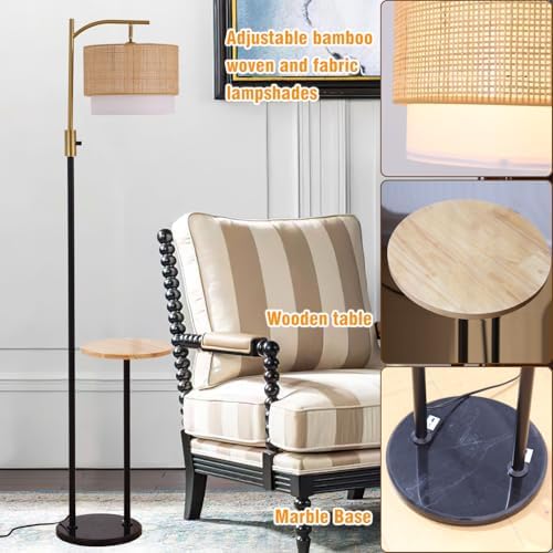 Dimmable Floor Lamp with Table and Marble Base, Arc Floor Lamp with Bulb, Boho Farmhouse Standing lamp with Fabric & Bamboo Shades for Living Room Bedroom - Image 7