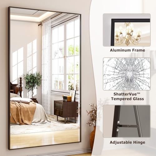 Easly Full Length Mirror with Stand - 38"x77" Full Body Mirror for Floor, Wall Hanging or Leaning - Aluminum Alloy Frame for Living Room, Bedroom, Cloakroom - Black - Image 4
