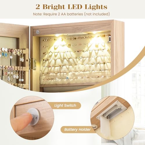 NAFORT 2 LEDs Full Length Mirror with Jewelry Armoire, Jewelry Organizers and Storage with 2 Mounting Options, 47.5”H Jewelry Cabinet with 2 Drawers, Make up & Lockable Jewelry Box, Natural Wood - Image 6