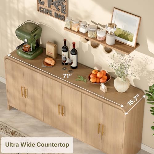 71" Modern Sideboard Buffet Cabinet with Large Storage & 6 Doors, Light Oak - Image 4