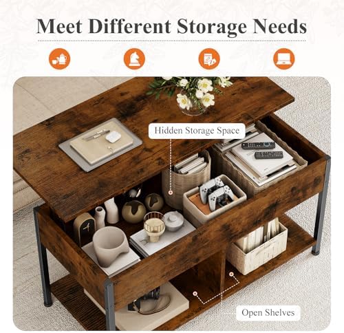OLIXIS Coffee Table with Storage for Home Living Room Office, Rust Brown - Image 5