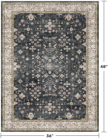 Black Boho Washable Entry Rug, 3x4 Rugs for Entryway Kitchen Bathroom Door Mat Indoor Entrance, Non Slip Rubber Backing, Stain & Fade Resistant, Ashen Charcoal Floral Design - Image 2