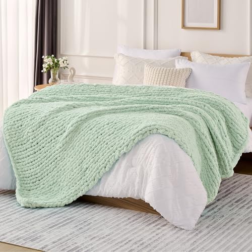L'AGRATY Chunky Knit Throw Blanket for Couch, 50 x 60 Inches, Milky Green by LAGRATY