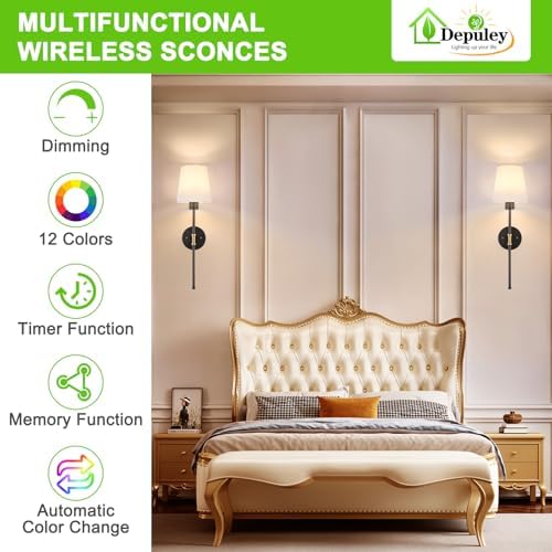 Depuley Battery Operated Wall Sconce: Set of 2 Wireless Wall Lights with Remote for Bedroom - Rechargeable 15 Colors Black and Gold Wall Lamp for Living Room Hallway - Image 3