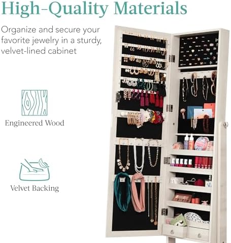 Best Choice Products Freestanding Jewelry Armoire Cabinet, Full Length Standing Mirror, Lockable Makeup Storage Organizer, w/Velvet Lining, 3 Angles, Lock, Accessory Pouch, 5 Shelves - Coastal White - Image 5