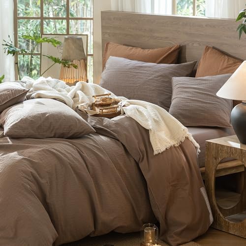 MooMee Wavy Striped Duvet Cover Set 100% Washed Cotton Linen Like Textured Breathable Durable Soft Comfy (Brown, Palatial King/Oversized King 120"x98") - Image 3