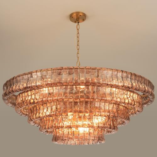 48" 5-Tier Smoked Ripple Glass Chandelier, 20-Light Round Brass Chandelier by PIOUTNF