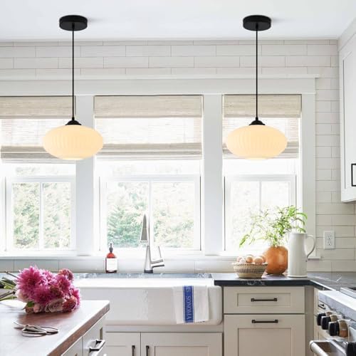 KCO 2 Pack Matte Black Lantern Pendant Light with 9.8” White Ribbed Glass - Image 7