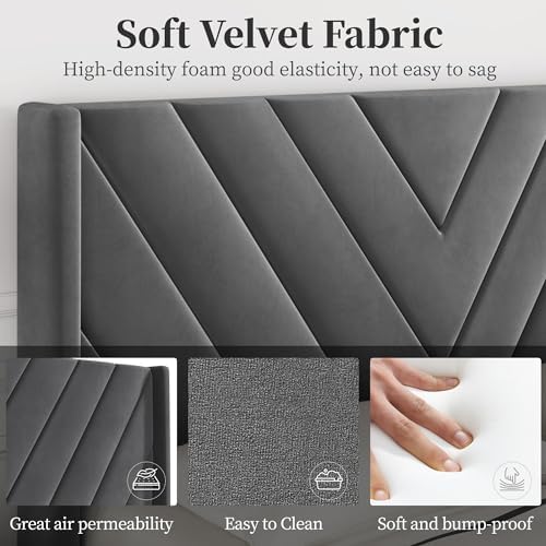 Yaheetech Queen Bed Frame with Chevron Channel-Tufted Headboard, Dark Gray - Image 5