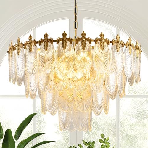 KELUOLY Modern Large Crystal Chandelier, 4-Layer Gold Glass Chandelier, 12 Light Round Antique Ceiling Pendant Light, 31.5 Inchs Adjustable Height for Foyer, Living Room, Bedroom, Dining Room by KELUOLY