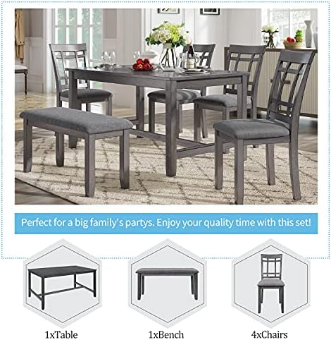 Wooden Rectangular Dining Table Set, Farmhouse Rustic 6-Piece Kitchen Set with 4 Upholstered Chairs and 1 Bench (Antique Graywash) - Image 2