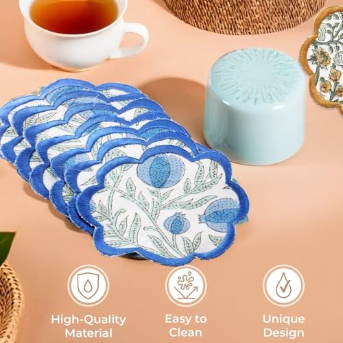Ridhi 8-Pcs 100% Cotton Hand Block Print Drink Coasters 5" in Queen Blue - Image 3