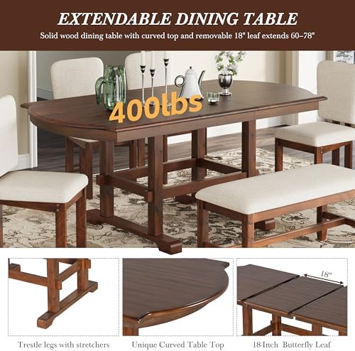 VilroCaz 6 Pieces Retro Functional Dining Set, Solid Wood Extendable Dining Table with 4 Upholstered Chairs and Bench, Traditional Dining Room Kitchen Table Set for 6 - Image 5