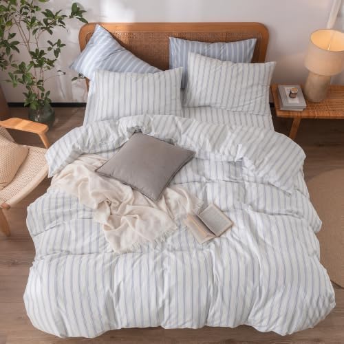 BESTOUCH Striped Cotton Duvet Cover Set Linen Feel Alaska King - Image 3