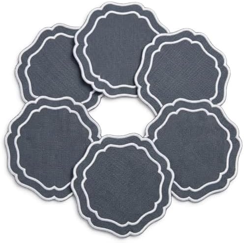 Linen Coasters for Drinks, Set of 6, 4.5 inch, Charcoal by EmbroideryLinenVN