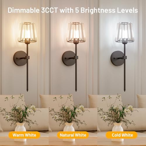 Crystal Battery Operated Wall Sconces Set of 2, Black Rechargeable Wireless Wall Sconce Lights with Crystal Lampshade, 12 RGB and 3CCT Dimmable Wall Lamps with Remote for Bedroom Living Room Hallway - Image 7
