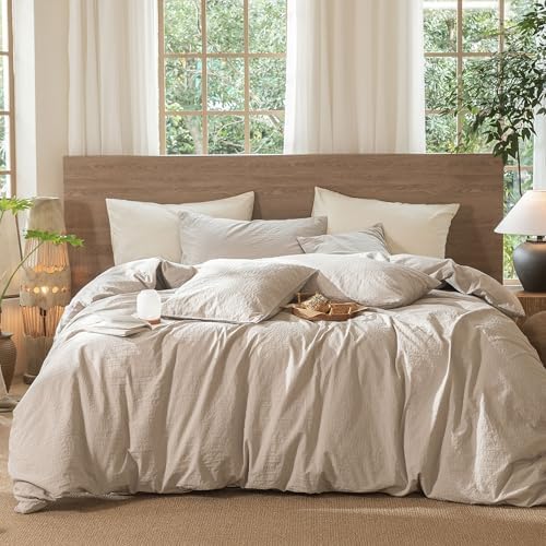 MooMee Wavy Striped Duvet Cover Set 100% Washed Cotton Linen Like Textured Breathable Durable Soft Comfy (Beige, Cal King 104"x98") by MOOMEE