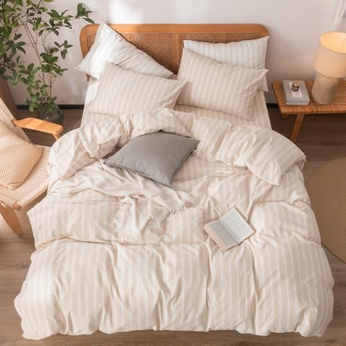 BESTOUCH Striped Cotton Duvet Cover Set Linen Feel Super Queen - Image 3