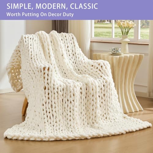 Bigacogo Chunky Knit Throw Blanket for Couch, 51x63 inches, Ivory - Image 3