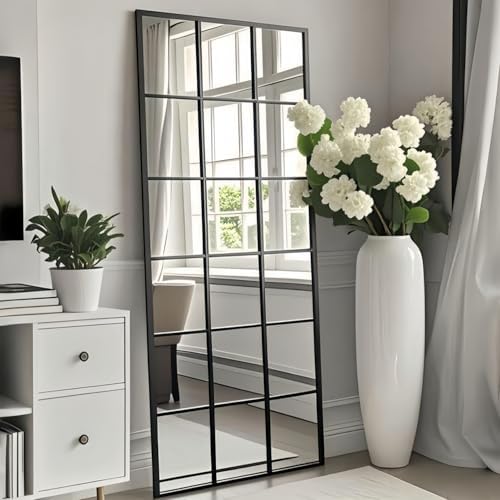 Dewfig Windowpane Full Length Mirror, 65"x 24" Floor Standing Mirror, Black by YourSpacePerfectlyReflected