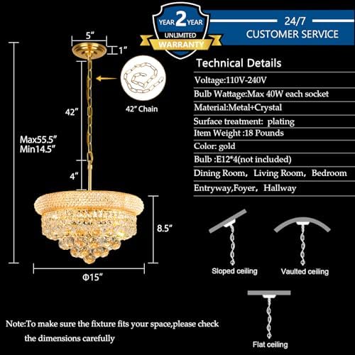 Gold Crystal Chandeliers for Dining Room，4-Lights D15 Inch - Image 5