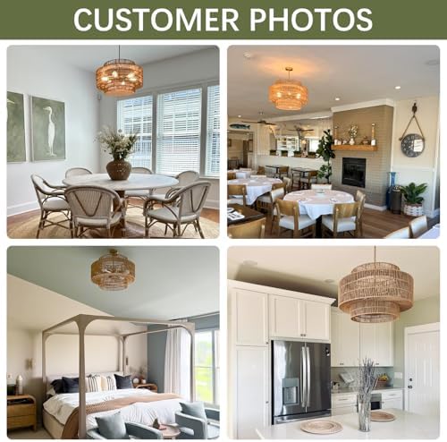 24" Rattan Chandelier for Dining Room, Large Boho Pendant Light - Image 6