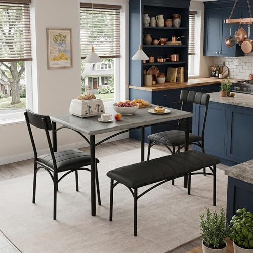 IDEALHOUSE Dining Table Set for 4, Kitchen Table with Chairs for 4, Rectangular Wood Dining Room Table Set with Upholstered Bench for Small Space, Dinner, Apartment, Retro Gray - Image 3