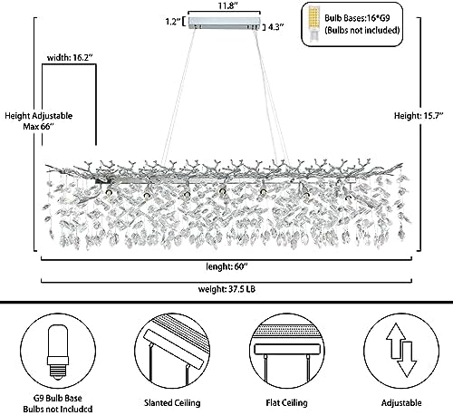 60" Silver Crystal Chandelier, 16-Light Modern Tree Branch Chandeliers, Rectangular Chandelier for Dining Room, Kitchen Island, Living Room, Foyer, Entryway, Luxury K9 Crystal Raindrop Light Fixture - Image 4