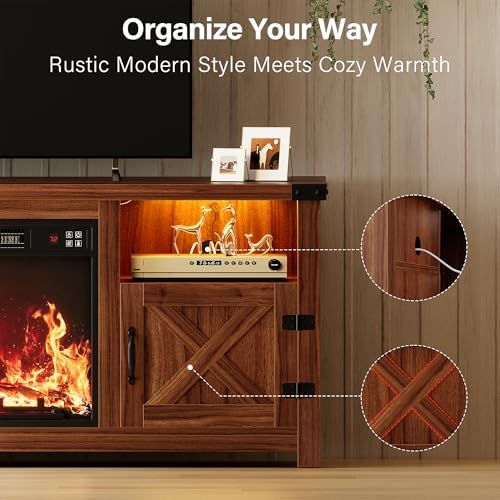 YESHOMY 58 Inch LED Fireplace TV Stand for TVs up to 65 Inch, Walnut - Image 2