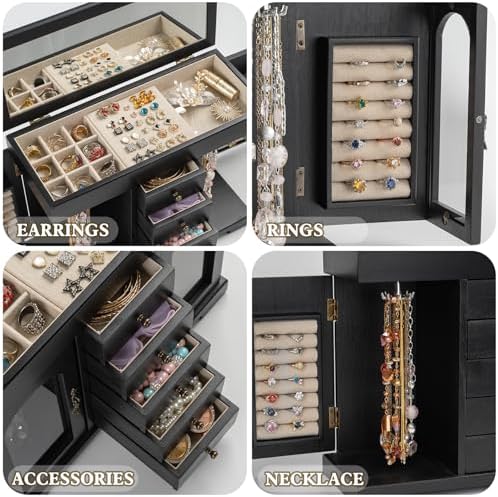 Miratino Jewelry Box for Women Girls, Wooden Jewelry Organizer Box with Mirror, 5 Layer Jewelry Storage Case Display for Necklaces Earrings Rings Bracelets Valentine's Day Gifts - Image 4