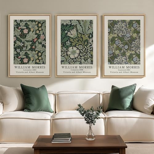 Large Framed William Morris Vintage Green Wall Art for Living Room, 3 Piece by Cuspin