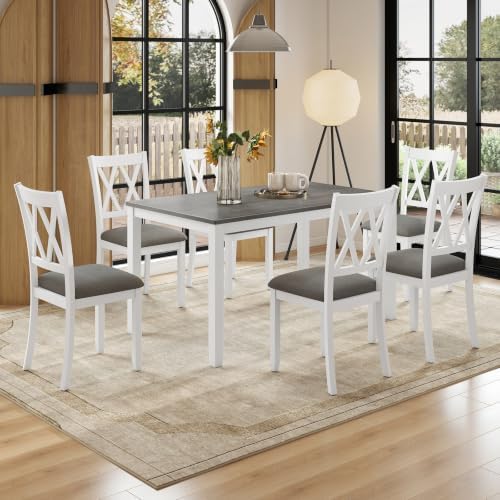 Zevemomo 7-Piece Solid Wood Dining Table Set, Dining Table Set for 6, White by Zevemomo