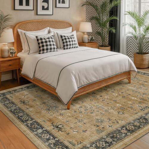 Washable 9x12 Living Room Rug - Vintage Extra Large Area Rugs for Dining Room Under Table, Rustic Brown and Charcoal Olive Low Pile Carpet for Bedroom Under the Bed, Non-Slip Stain & Fade Resistant - Image 6