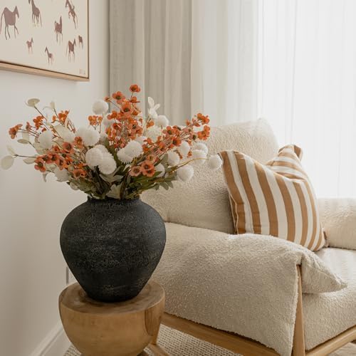 SilkSerenade Large Black Round Vase for Flowers & Table Centerpieces - 11 Inch Rustic Textured Earthy Stone Look, Matte Big Vessel Decorative Arina Modern Farmhouse Wabi Sabi Decor Living Dining Room - Image 3