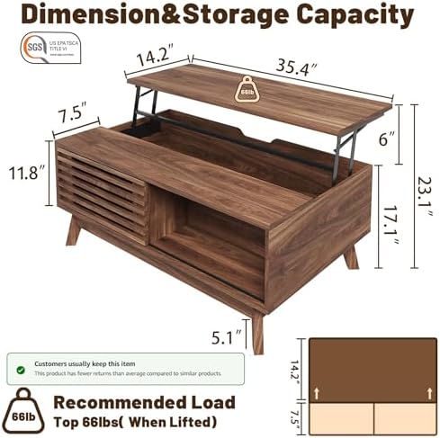 HAIOOU Lift Top Coffee Table with Storage for Living Room 35.4" Walnut - Image 2