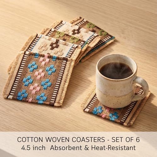 Boho Woven Coasters Set of 6, Absorbent Drink Coasters for Coffee Table, Rustic Farmhouse Table Decor, Southwestern Aesthetic, Handmade Style, Housewarming Gift - Image 3