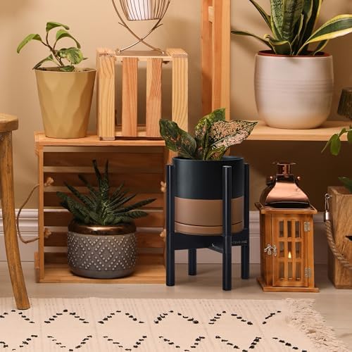 D'vine Dev Ceramic Pot with Ebony Wood Stand, Black/Tan, 8 in, 55-B-M-7 - Image 2
