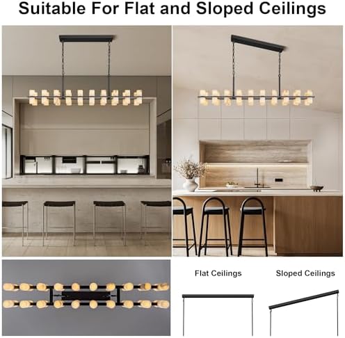 Alabaster Rectangular Chandelier for Dining Room, L54in Modern Chandeliers, Adjustable Marble Pendant Light Fixture, Rectangle Chandelier for Dining Table Living Room Kitchen Island(Black) - Image 5