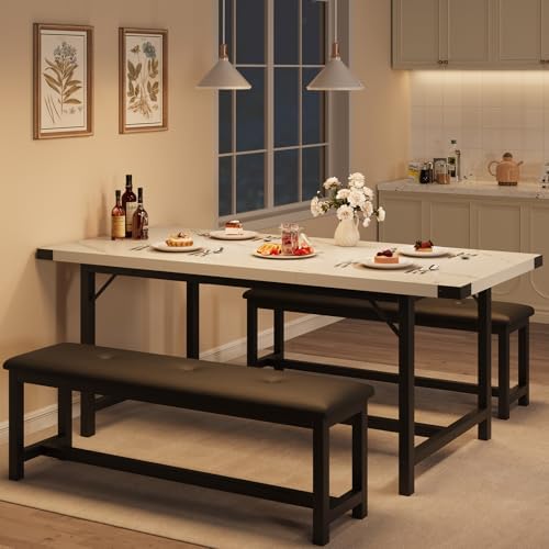 IDEALHOUSE 3 Piece Dining Table Set for 4-6, 63" Extendable Thick Metal Frame Kitchen Table with 2 Upholstered Benches Set for 6, Rectangle Wooden Dinette Table Set for Dining, Apartment, Marble White by IDEALHOUSE