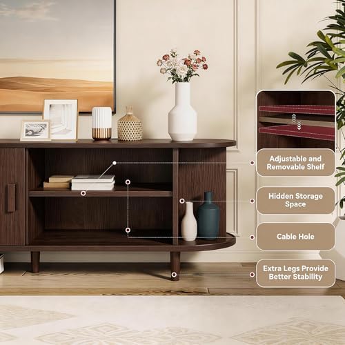 58" Mid Century Modern TV Stand with Power Outlet, Fluted Entertainment Center with Storage and Adjustable Shelves, Wood TV Console with Sliding Doors for Living Room, Walnut - Image 6