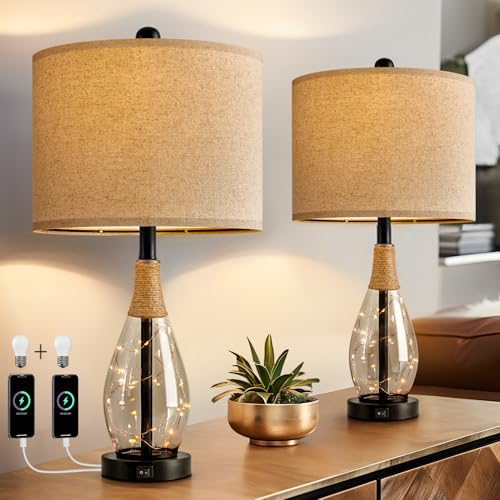 OYEARS 23" Table Lamps for Living Room Set of 2 Bedside Lamps for Night Stands Bedroom Lamps Farmhouse Rattan Boho Lamp Glass Nightlight End Table Lamp with USB C+A (Black),Two Light Points by OYEARS