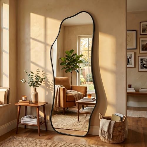 Mirror Full Length - Irregular Full Body Mirror Standing or Leaning or Wall Hanging 62.2"x 22.8" Asymmetrical Aviation Aluminum Alloy Frame Unique for Bedroom, Living Room, Cloakroom, Entryway by Dorlicecass