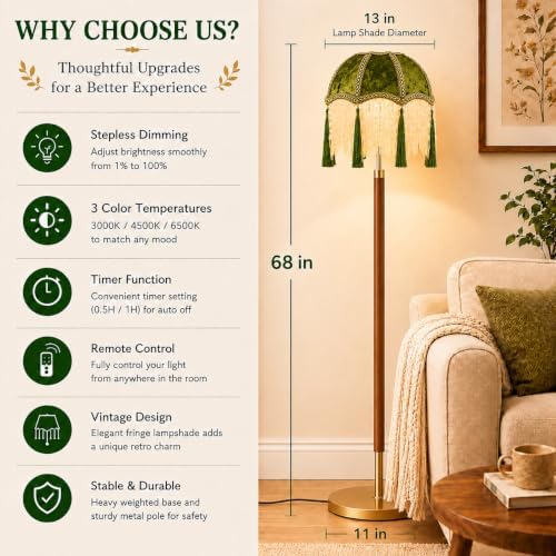 Vintage Floor Lamp For Living Room,Remote Dimmable Wood Gold Standing Lamps With Victorian Fringe Green,Retro Corner Tall Floor Light For Bedroom,Office,Boho Farmhouse Mid Century Modern Decor - Image 4